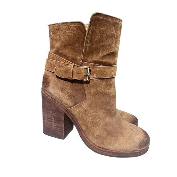 Sam Edelman  Suede Camel Factory Distressed Chunky Heel Booties Size 7.5 - Picture 6 of 11